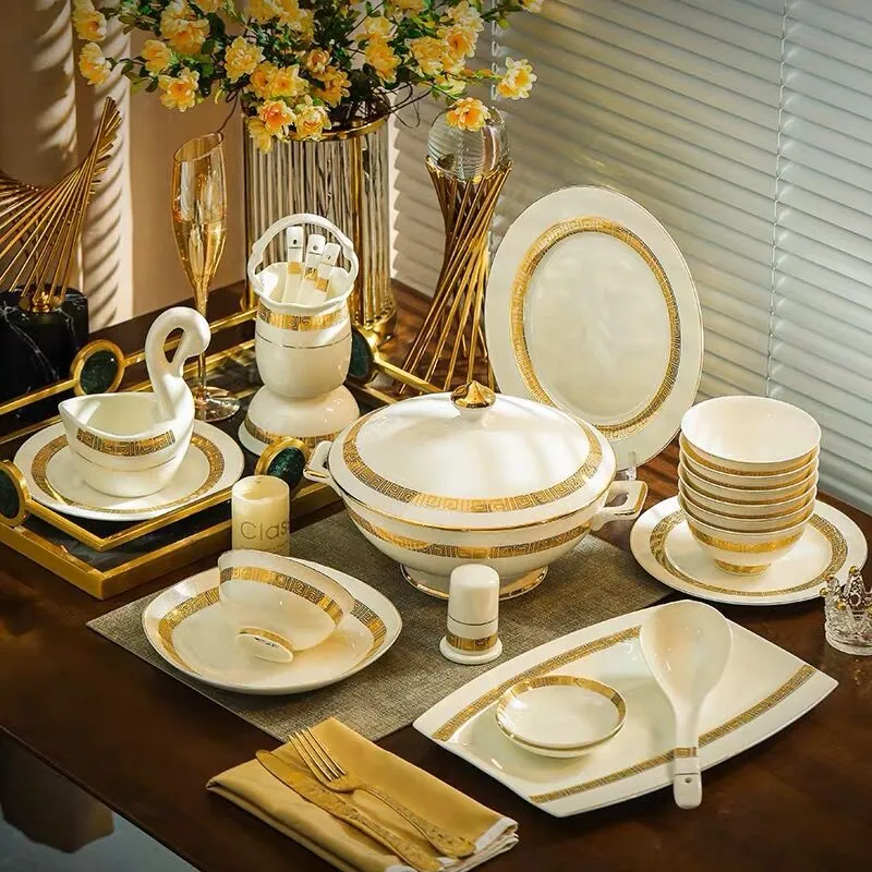 60-Piece Bone China Dinnerware Set with Gold Inlay, Includes Soup