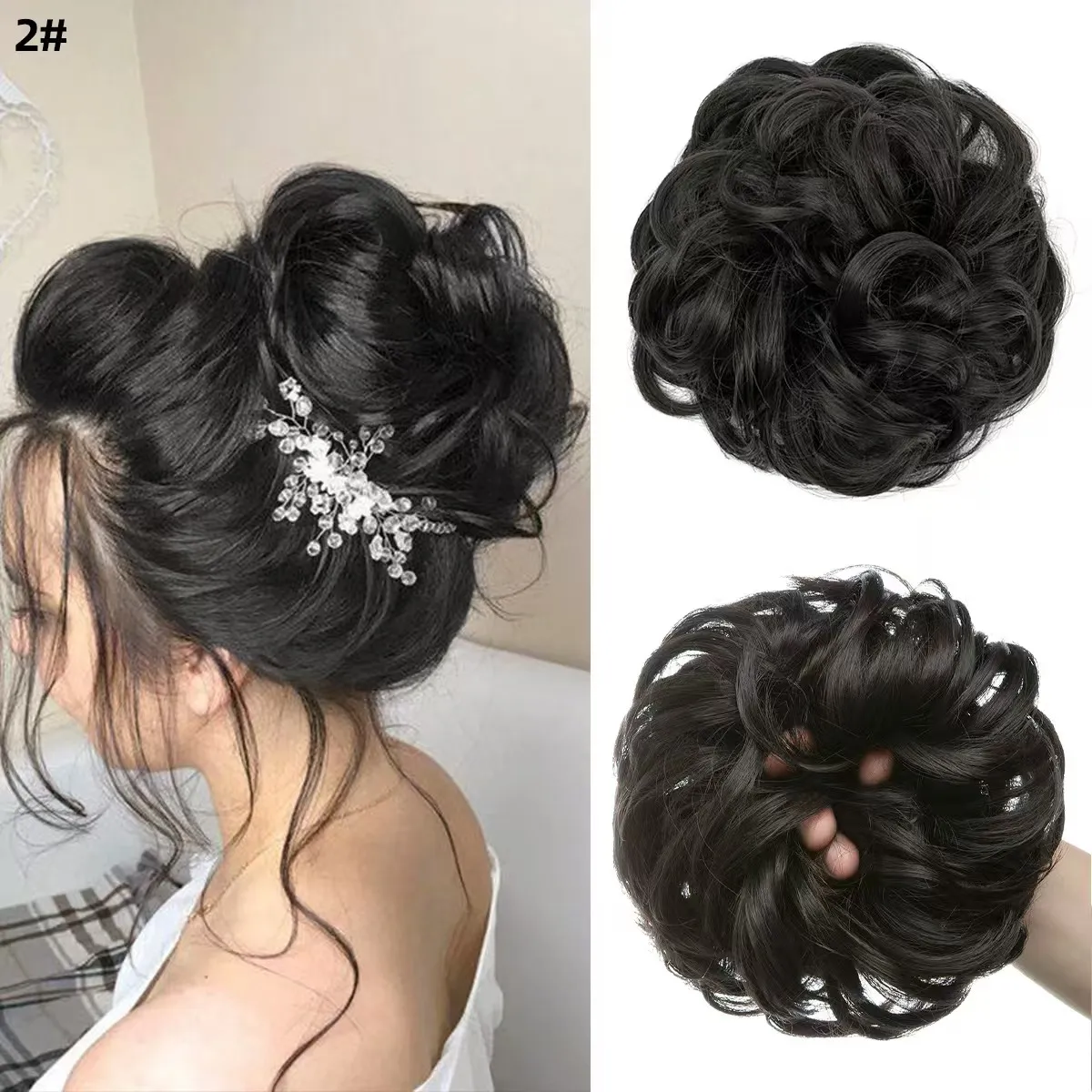 Chouchou Cheveux 100% Naturel Style Queue De Cheval Ou Chignon - Volume Instantané - Noir Bouclé