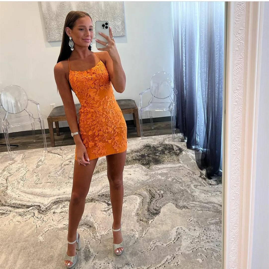 Elegant Short Orange Lace Homecoming Dresses Sheath... From Dyy_dress88, $63.05