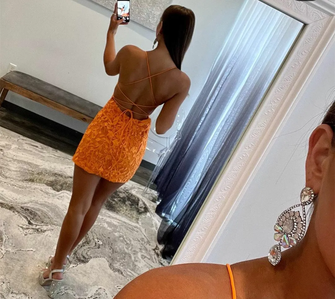 knee length dresses for ladies Zapaka Women Sparkly Orange Sequins Tight Homecoming Dress Spaghetti Straps Short Party Dress, Orange / US4 main image 0