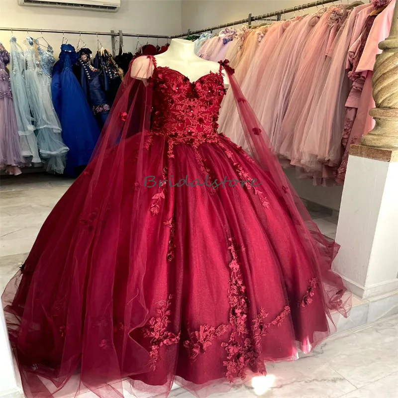 Burgundy quinceanera Dress 2023 with Floral Cape Ball Gown - Elegant Princess Prom, Pageant, and Masquerade Dress for Women