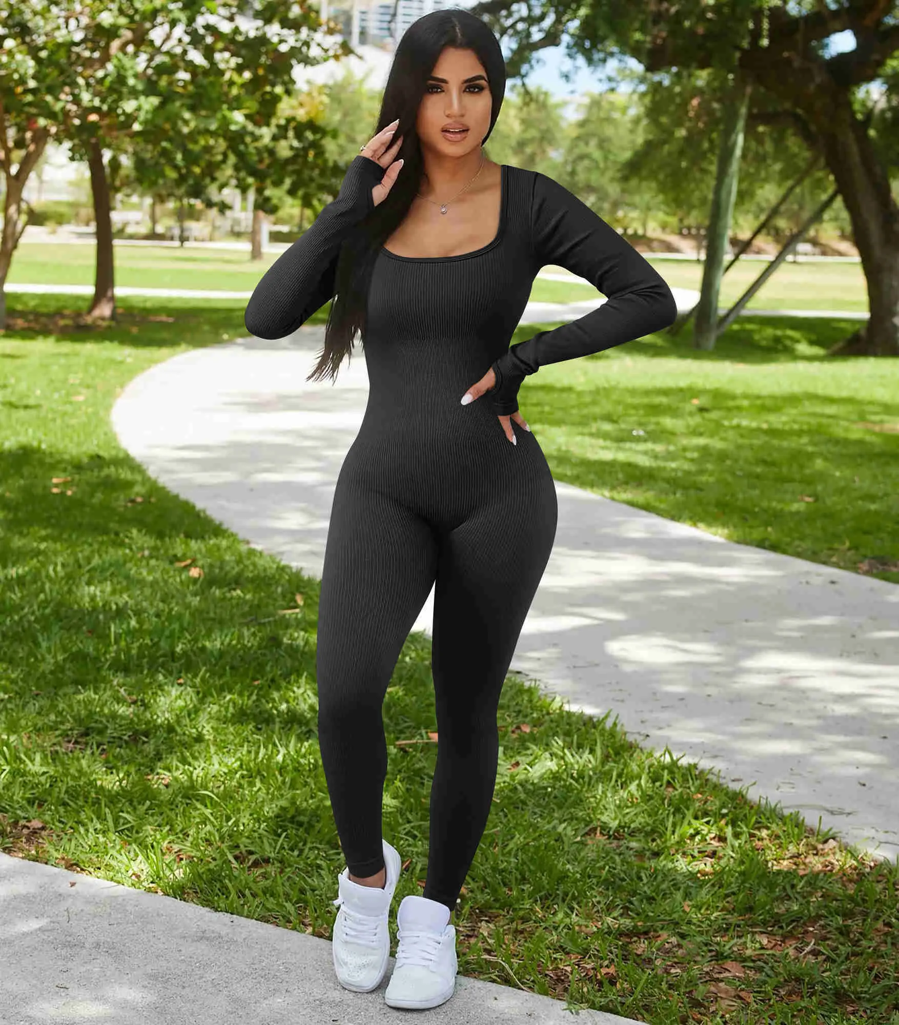 OQQ Long Sleeved Yoga Jumpsuit Women Large Size High Waist Tight
