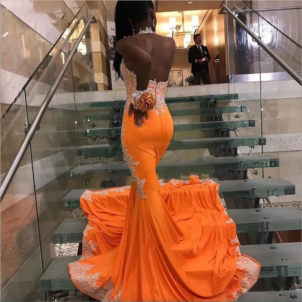 2023 Sexy Prom Dresses Orange Halter Lace Appliques... From 52,98  | DHgate
