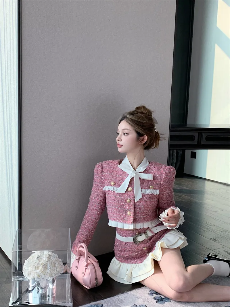 Autumn Tweed Twinset: Womens Laced Bow Jacket & Mini Skirt