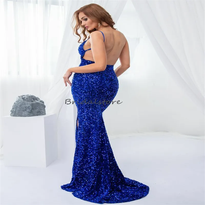 blue velvet short dress Blue Sequin Plus Size Off Shoulder Plunging Panel Train Prom Dress main image 1