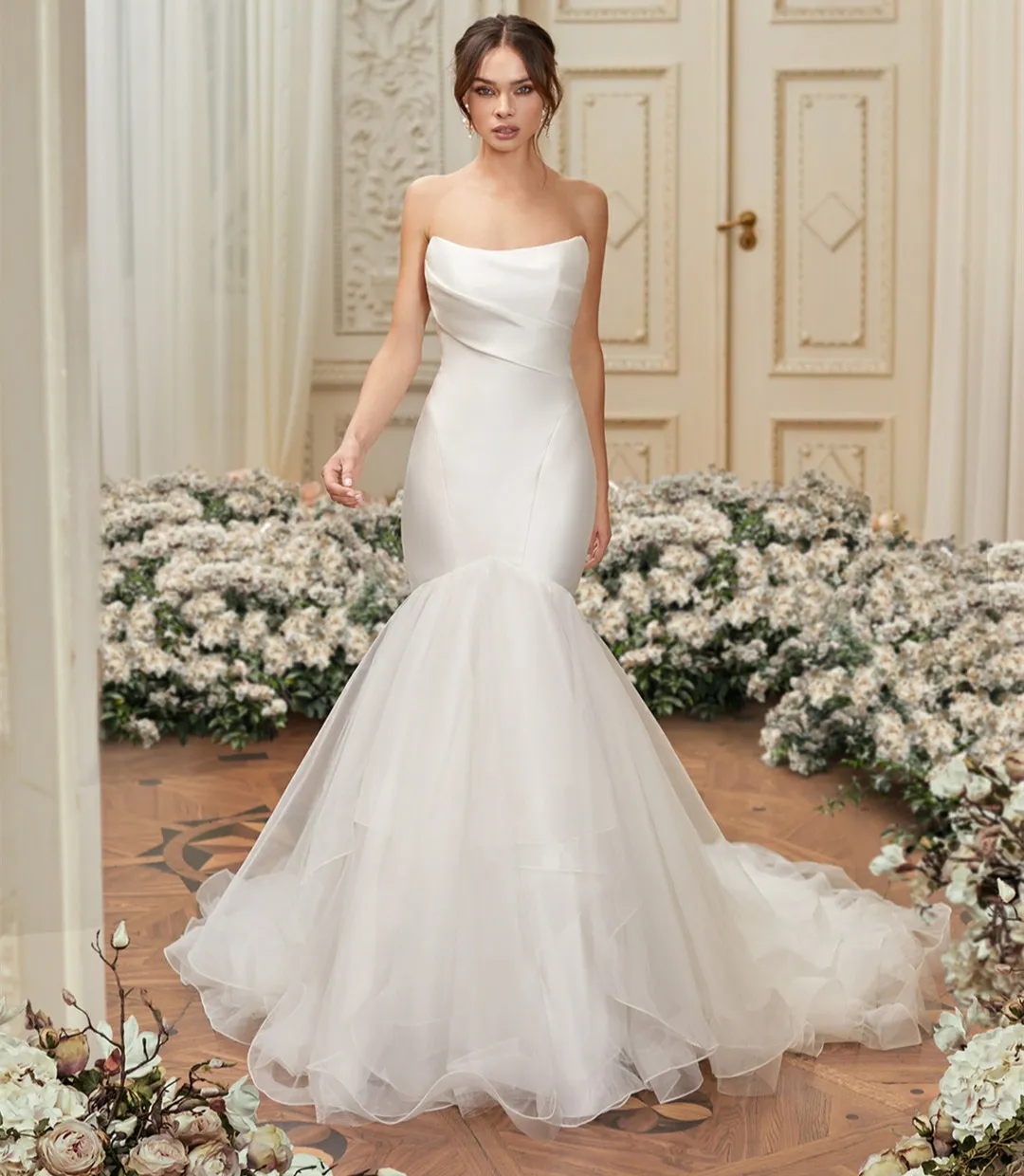 Elegant Long Black Satin Strapless Wedding Dresses Mermaid Tulle