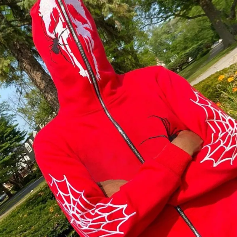 DHgate Red Full Zip Y2K Spiderweb Printed Hip Hop Aesthetic Hoodie Apparel