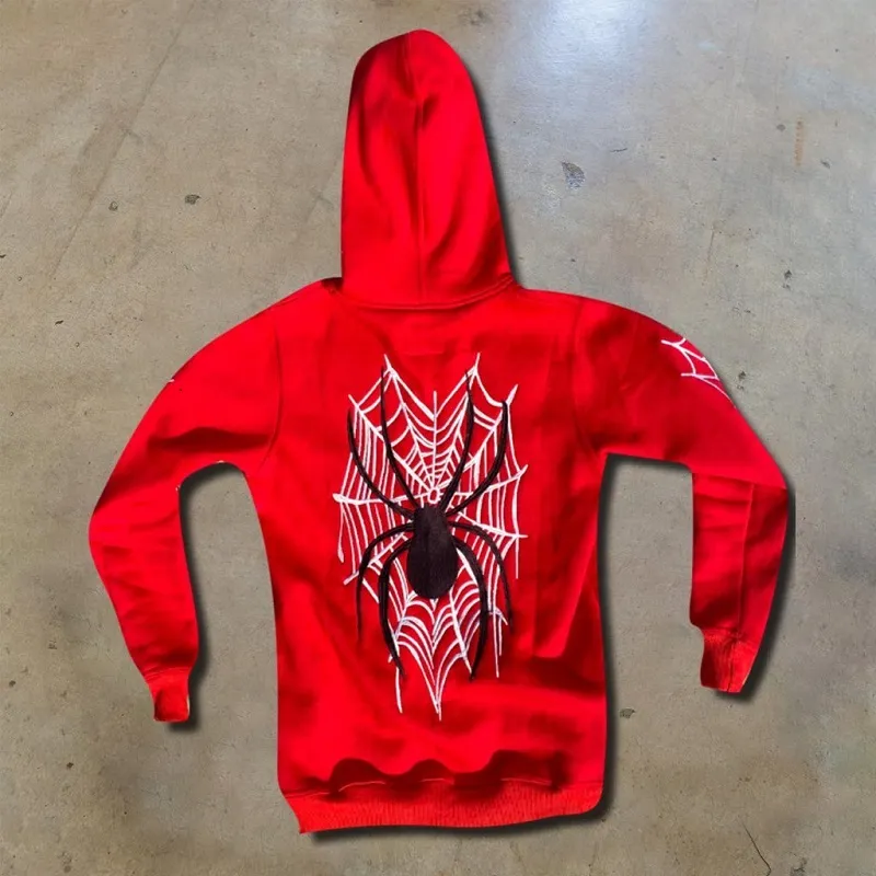 Men's Red Full Zipper Hoodie with Spider Web Print, Polyester