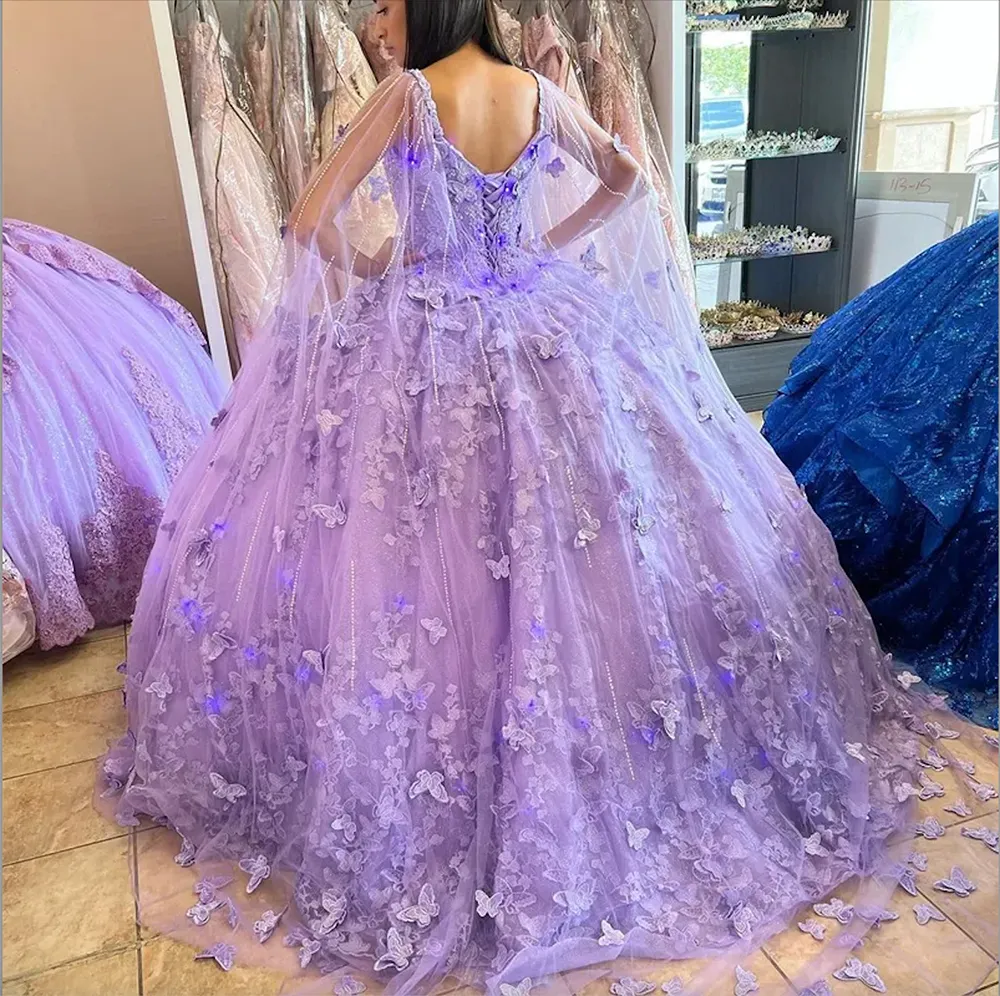 Light Purple Princess Quinceanera Dress Pretty Cape Puffy Ball Gown Sweet 15 16 Dress Graduation Prom Gowns vestidos de 15 anos