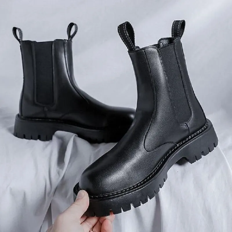 Men s Black Chelsea Boots Round Toe Flat Sole Classic High Top Ankle Boots for Winter