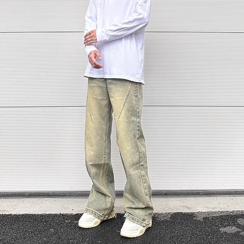 Jeans larghi gialli a gamba larga da uomo Pantaloni in denim casual effetto consumato streetwear oversize