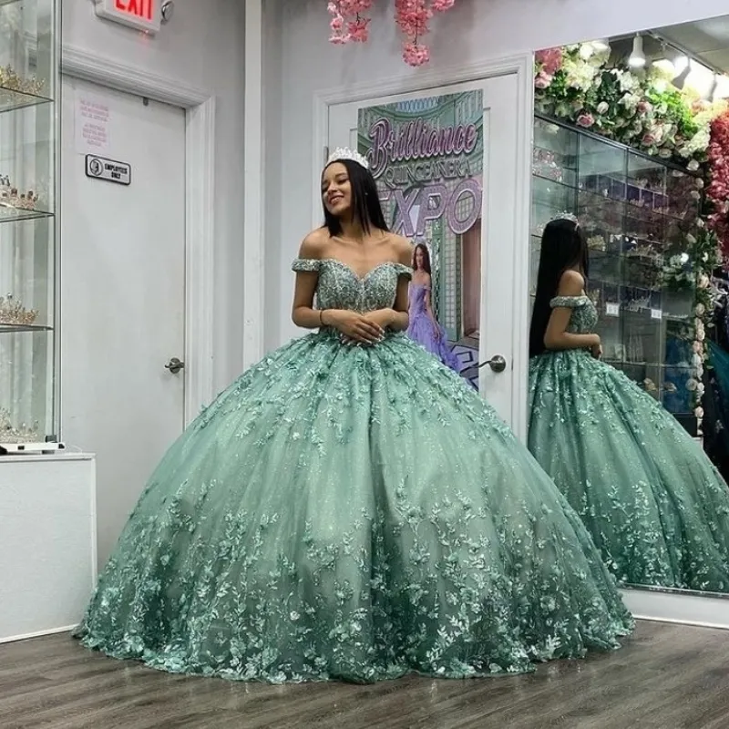 Off Shoulder Mint Green Tulle Lace Floral Long Prom Dresses, Mint Gree —  Bridelily