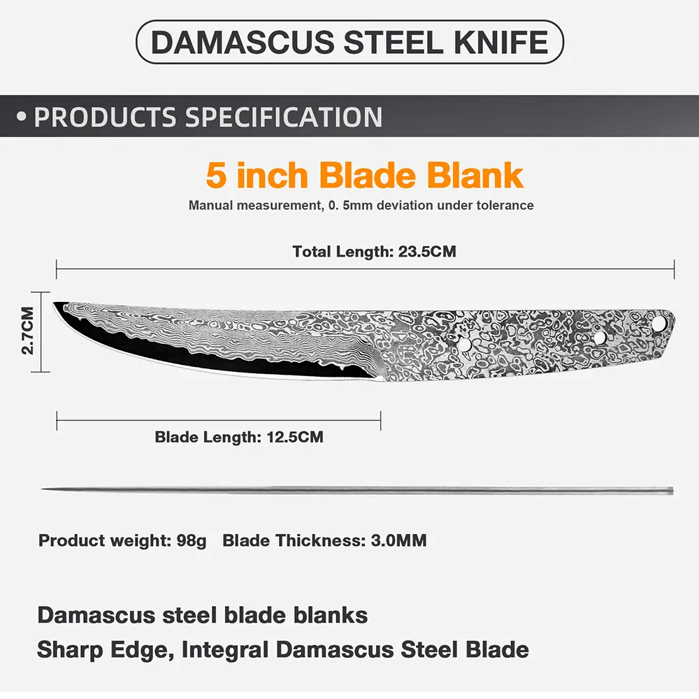 Hand Forged Damascus Steel Blank Blade Tactical Hunting Knife Camping Blade Damascus Blade Billet Handmade Knife Making Supply