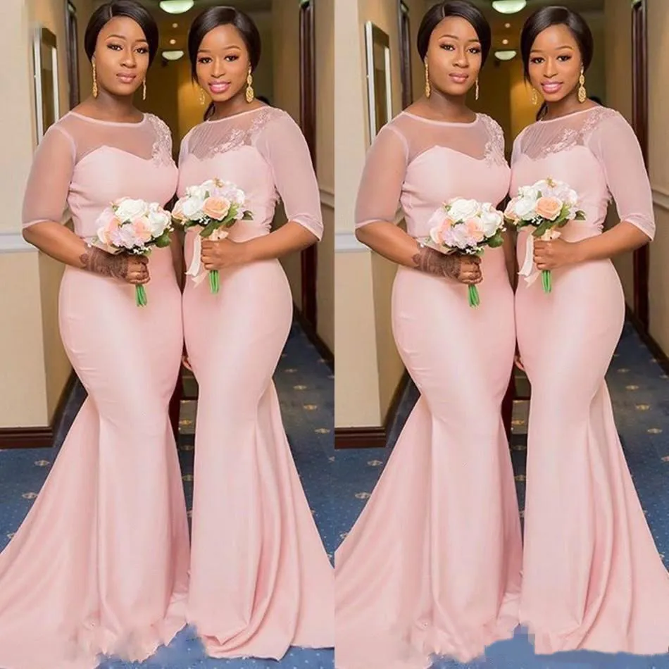 Save Big on Bulk African Mermaid Wedding Dress Mermaid Bridesmaid Dresses:  Blush Pink Lace Neckline, Plus Size Wedding Guest Gown Best Deals on