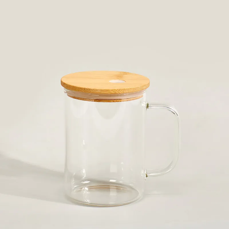 15OZ Sublimation Frosted/Clear Glass Can With Handle Bamboo Lid