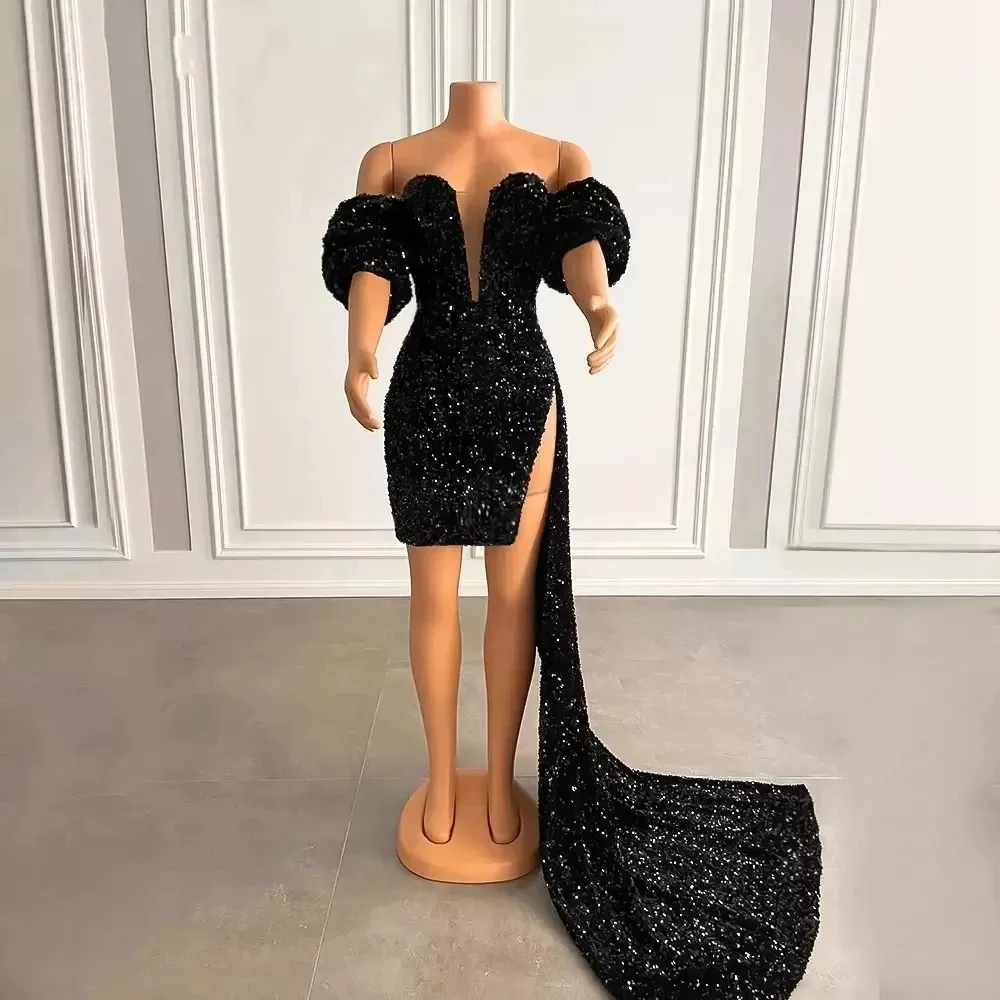Sparkling Black Glitter Homecoming Black sequin prom dress with Zipper and Puffy Sleeves - Perfect for Parties and Soirees