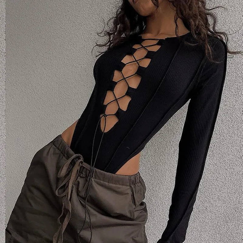 Vintage Lace Black Cut Out Bodysuit With Deep V Neck And Long Sleeves Solid  Color, Plunged, Slim Fit, Color Blocking, Streetwear Fashion For Women From  Yangsue999, $14.16