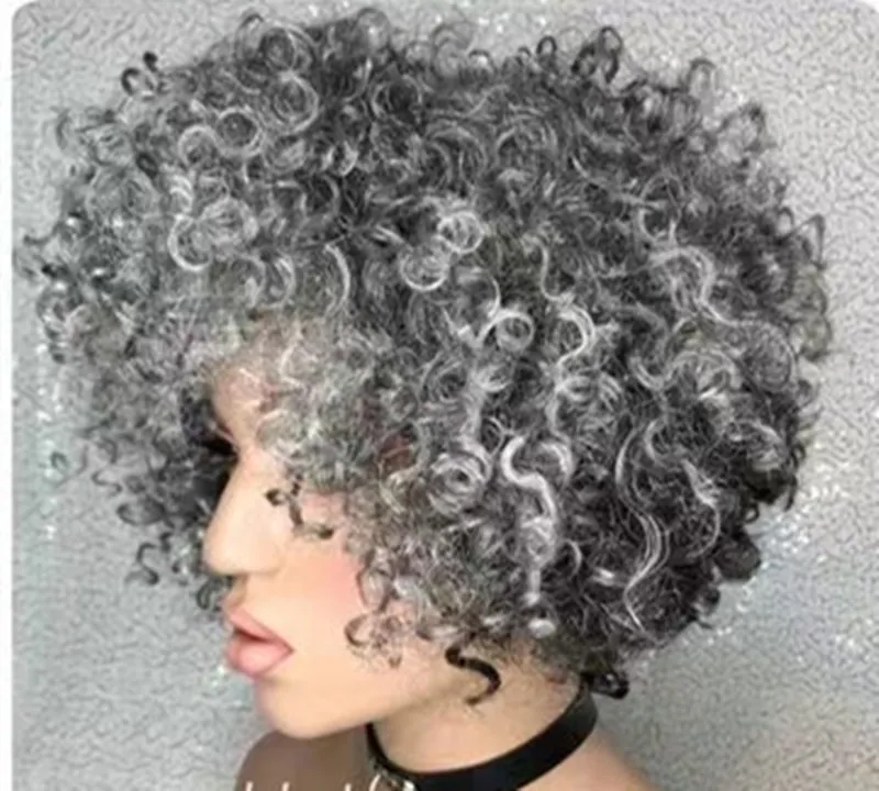 Gray Human Hair Wig: Silver Salt And Pepper Afro... From  display picture 3