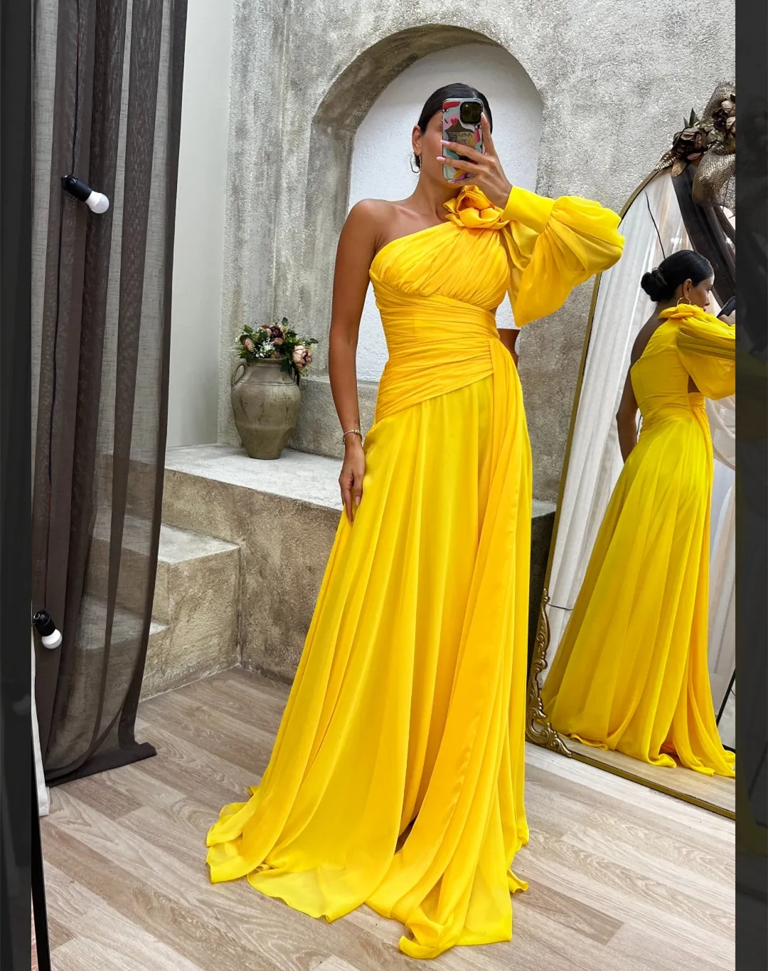 Trending Mustard Yellow Velvet Draped Slit Prom Dress - VQ