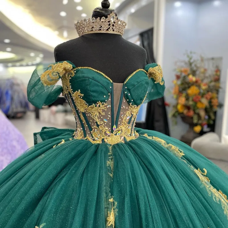 Emerald Green Sweetheart Off the Shoulder Quinceanera Dress with Gold Beads  and Crystal Appliques