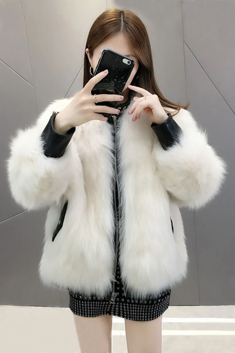Patched faux fur coat hot sale