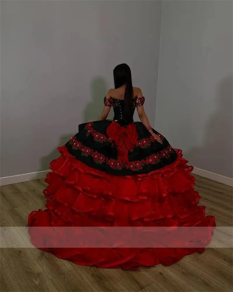 Red Quinceanera Ball ball gowns with Tiered Ruffles, Mexican Pearls ...