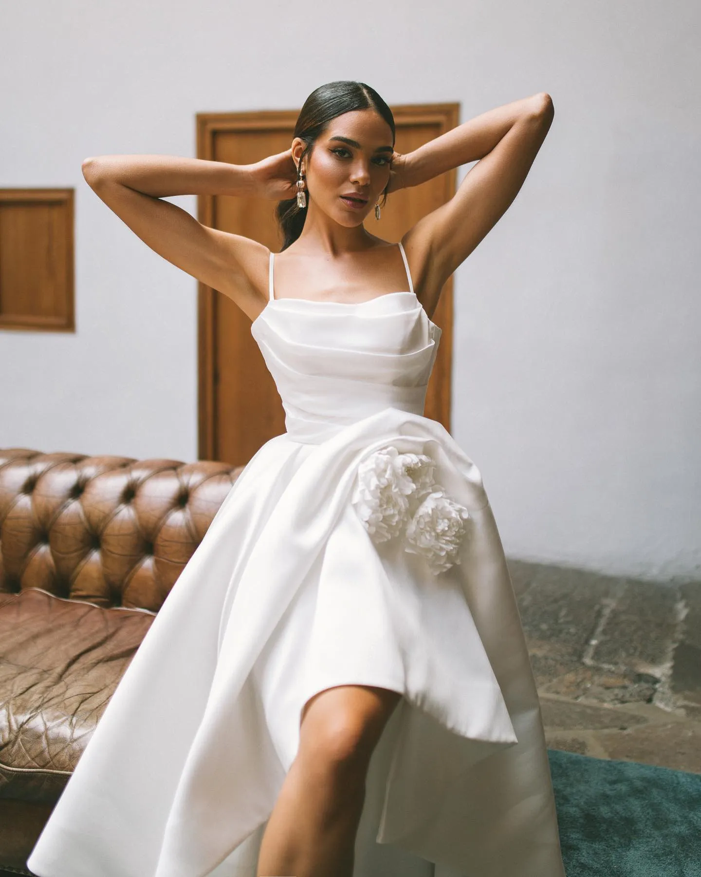 high low satin wedding dress Sweetheart A-Line Court Train Luxurious Satin Simple Wedding Dresses With Chic Slit COCOMELODY CW3450, 20 Days / Ivory / US18-UK20-EUR48