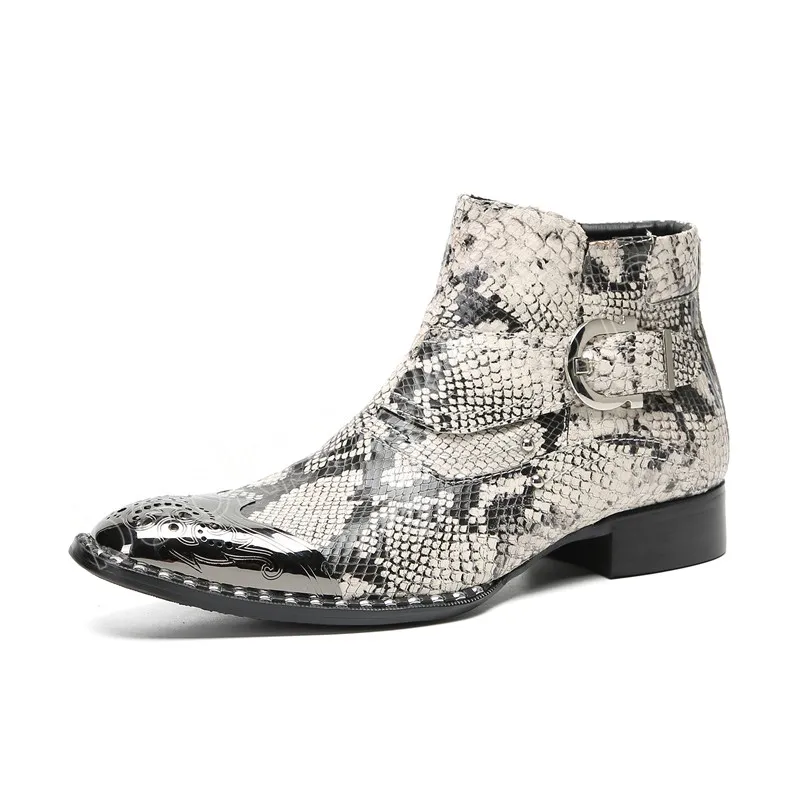 Handgemaakte Hoge Kwaliteit Slangenleer Mannen Enkellaarsjes Echt Leer Stalen Metalen Neus Mode Cowboy Laarzen Jurk Dagelijkse Schoenen