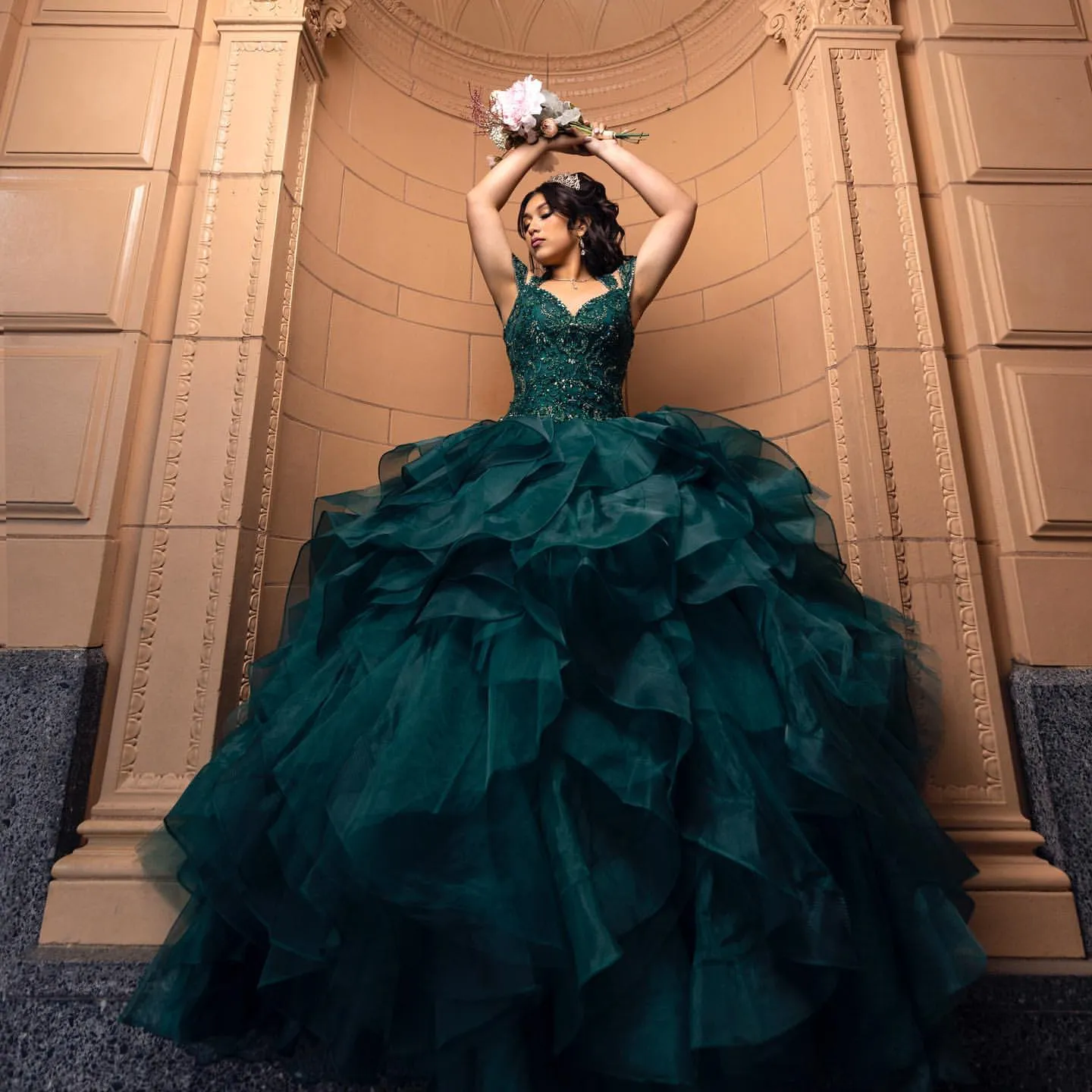 green emerald velvet dress Luxury Green Wedding Dresses Plus Size Gold Lace Appliqued Ball Gowns –  Viniodress main image 0
