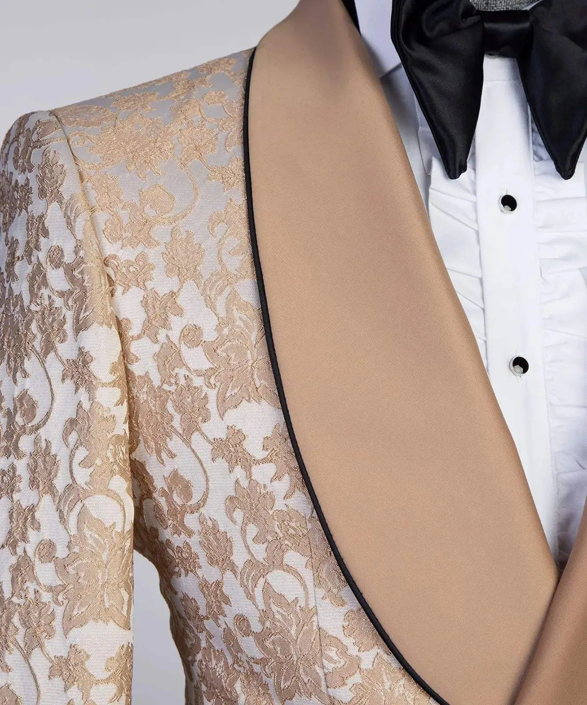 Mens Floral Jacquard Wedding Tuxedos Slim Fit Champagne Shawl Lapel 2 Piece Tux Black Pants