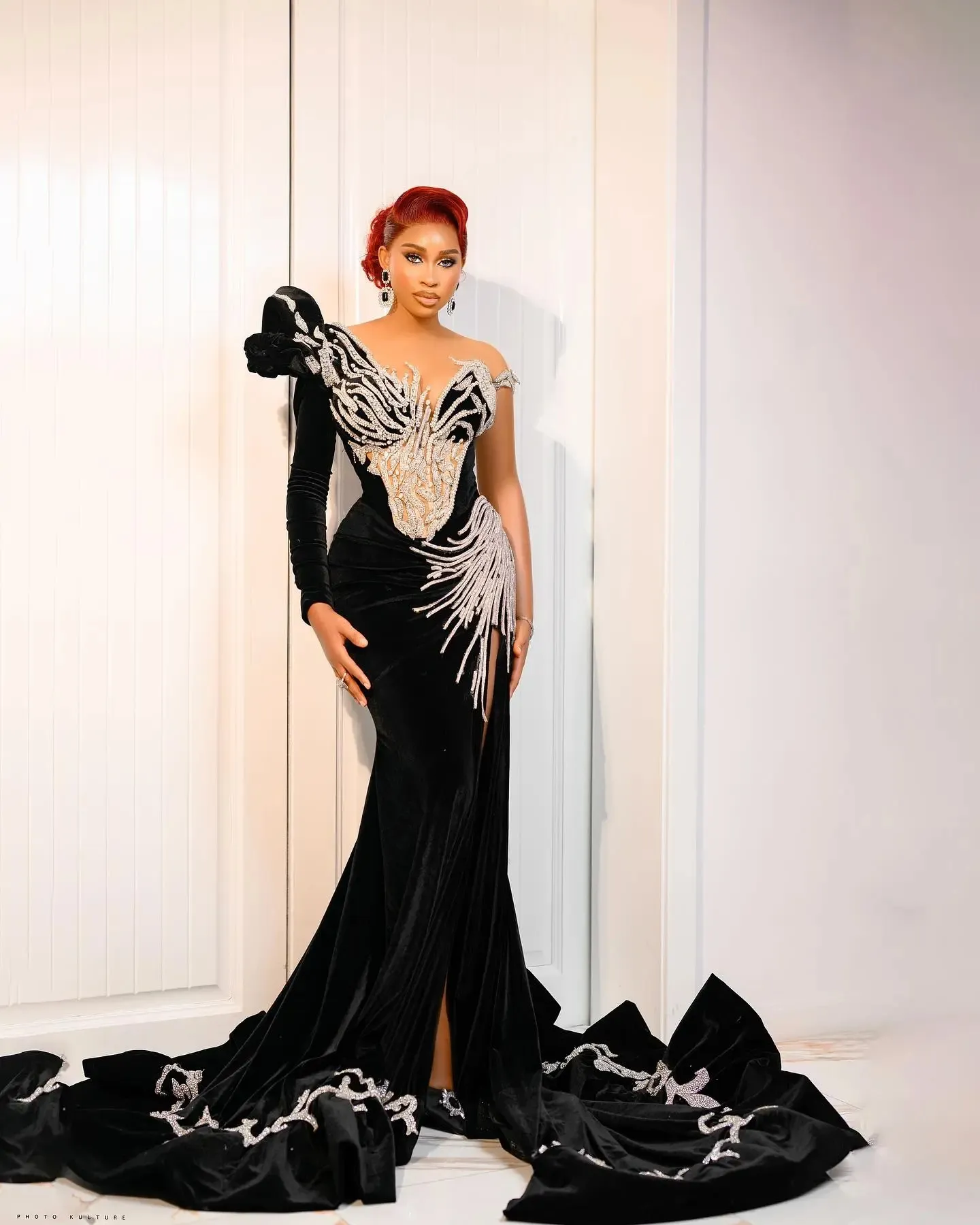 New Black Velvet Turtleneck Evening Dress with backless design, Flare –  Sandra's Bridal Collection