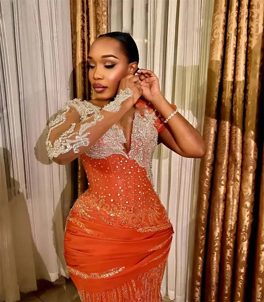 2024 African Orange Plus Size Orange Mermaid Prom Dresses With Beaded Lace,  Sheer Long Sleeves, And Formal Party Style For Black Womens Birthday From  Queenshoebox, $149.48