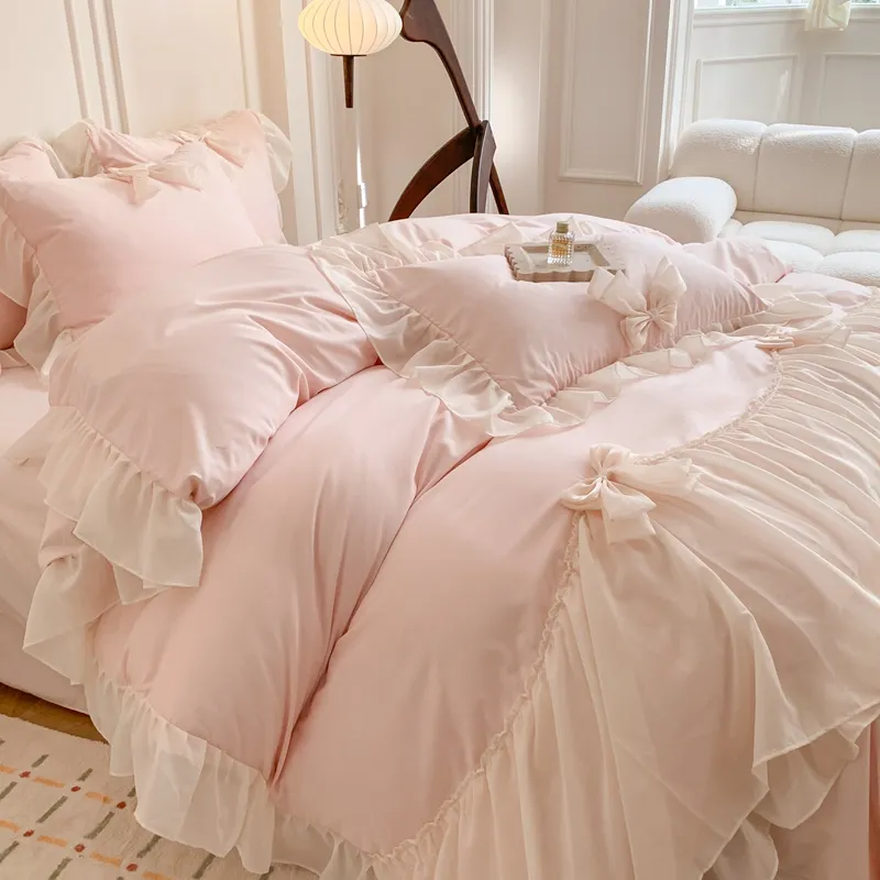 Pink Chiffon Lace Princess Style Bedding Set With Ruffles And Bows Soft ...
