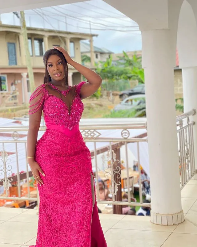 Arabic Mermaid Fuchsia Pink Lace Prom Dress With Beaded Lace For