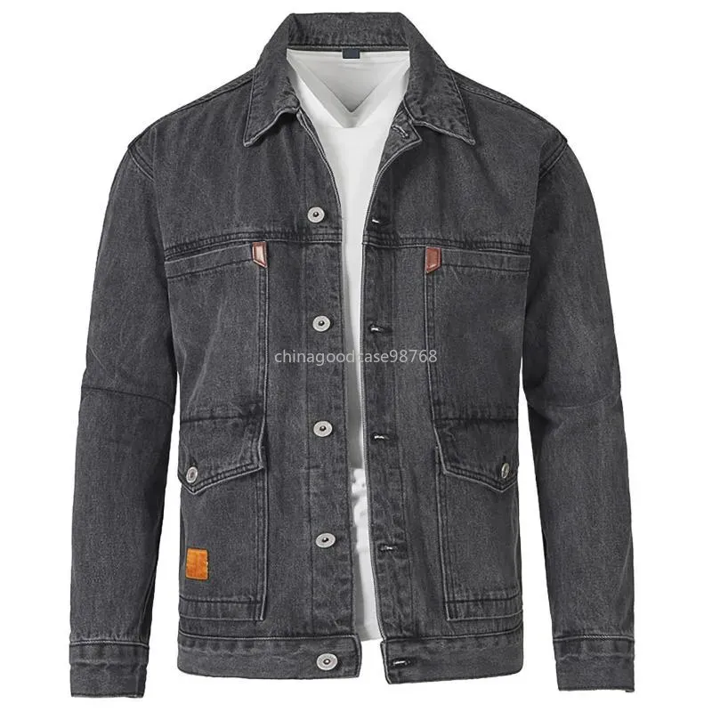 Mens Solid Denim Work Jackets For Men With Turn Down Collar Casual