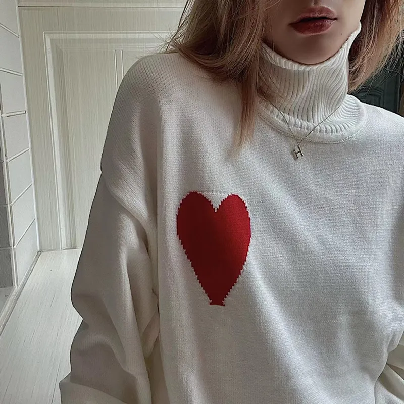 Autumn sweater women designer sweater fashion high neck red love letter embroidery womens knitwear high quality white sweater womens casual versatile student top