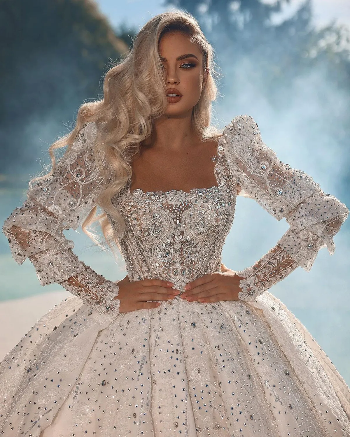 Luxurious African Bridal Dress with Beaded Crystal Sequins and Long Sleeves in Satin gorgeous ball gowns Style