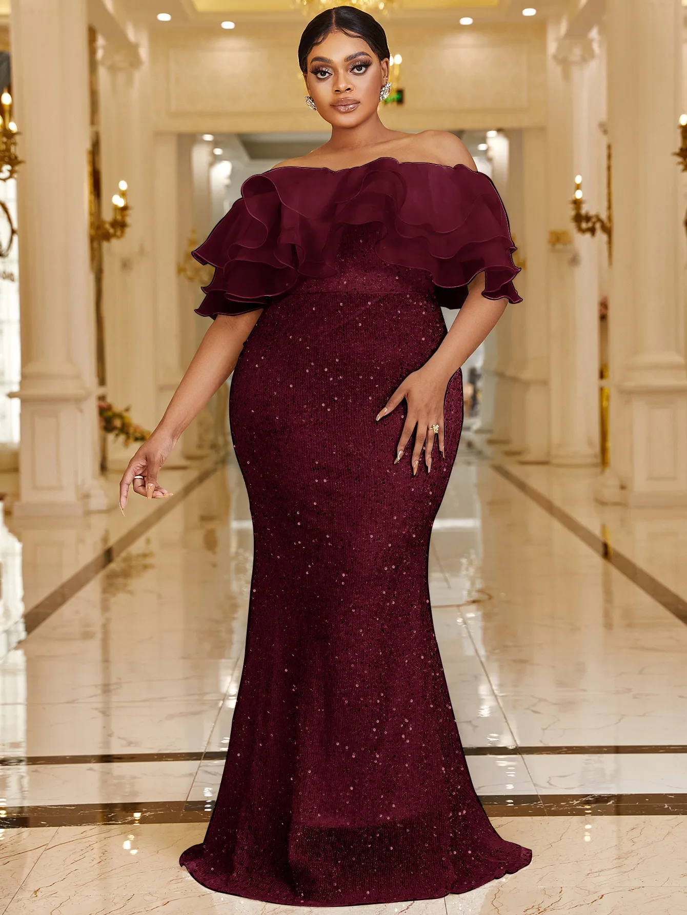 Off The Shoulder Sequin BurgundyProm Dress With Train Off The Shoulder Sequin BurgundyProm Dress With Train