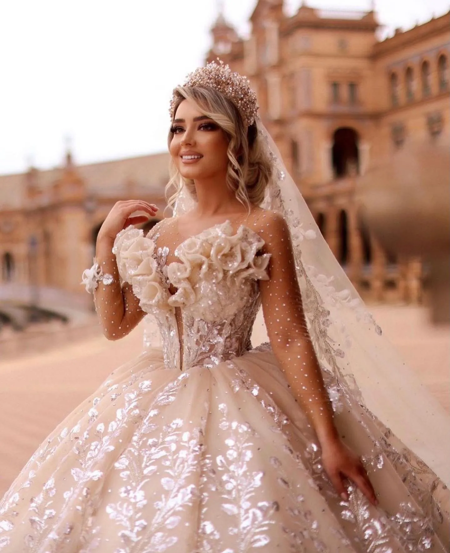 Custom Dubai Princess bridal gowns: Princess Lace Ball Griown with Puffy Sheer Jewel Neckline, Long Sleeves, and Sequins Custom Dubai Princess bridal gowns: Princess Lace Ball Griown with Puffy Sheer Jewel Neckline, Long Sleeves, and Sequins