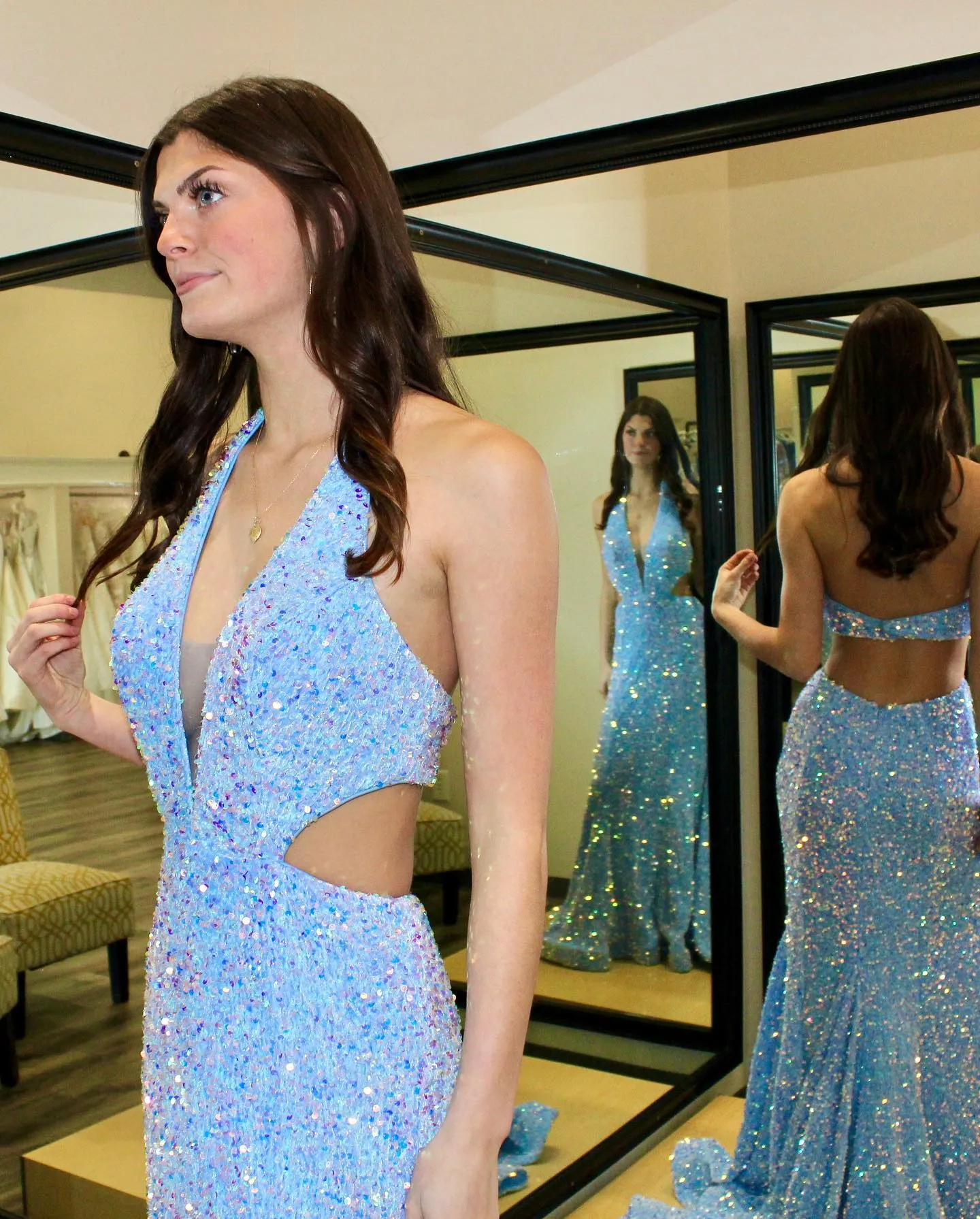 Halter Royal Blue Sequin Junior Prom Dress GTEEN112