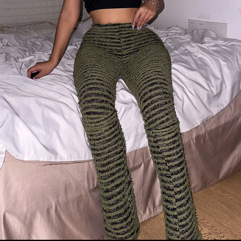 Girl Vintage Colorful Striped Knit Stacked Pants Women Fall Skinny Trousers  Female Streetwear