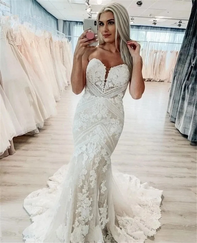 Boho Crape Mermaid Wedding Dresses Puff Sleeves Lace Appliques Beach Bride Dress Elegant Beach Wedding Gown