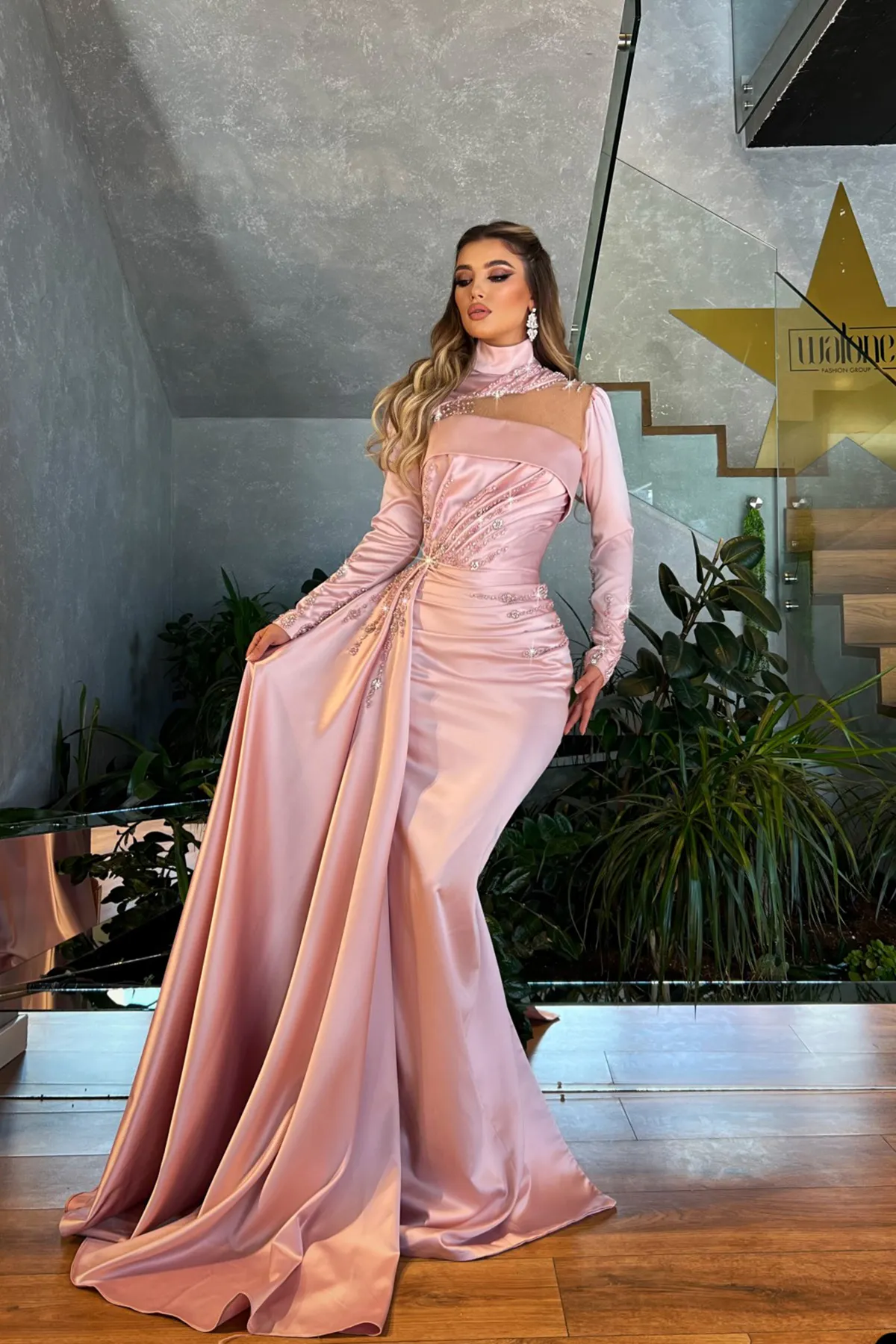 Mermaid Satin Prom Dress Custom High Neck Long Sleeves Party Dress with Lace Sequins