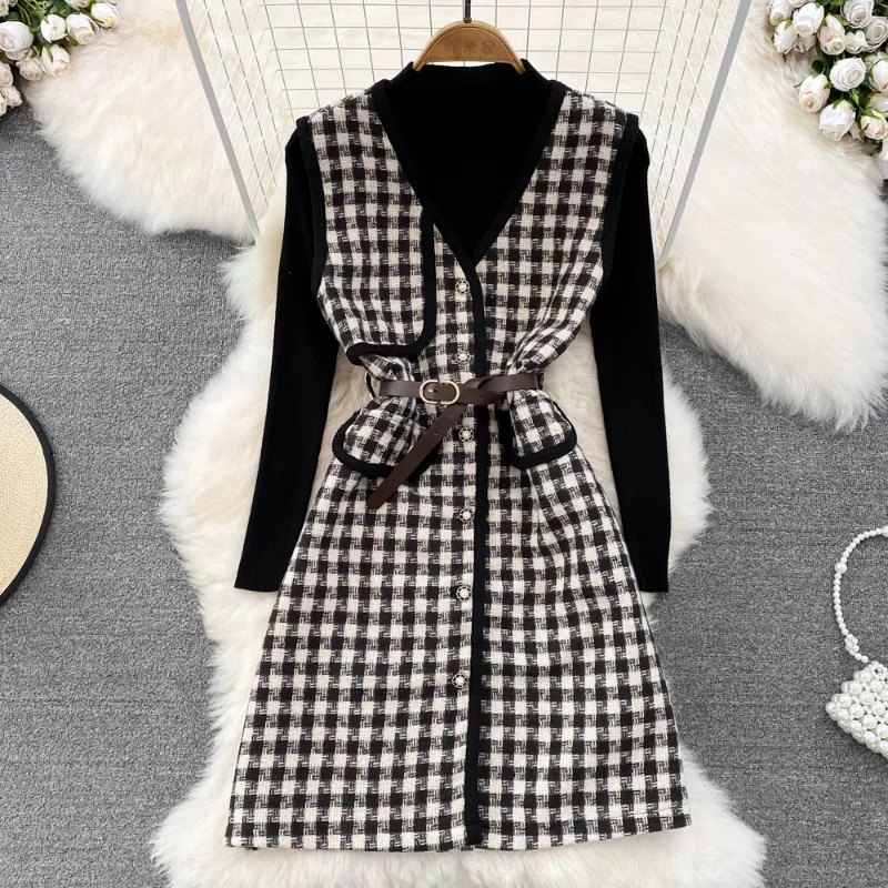 Stand Neck Solid Women's Two Piece Pants Dresses Color Long Sleeve Knit Top Suit V Neck Plaid Single-breasted Belt Vest Dress Outfits Set Women 2023