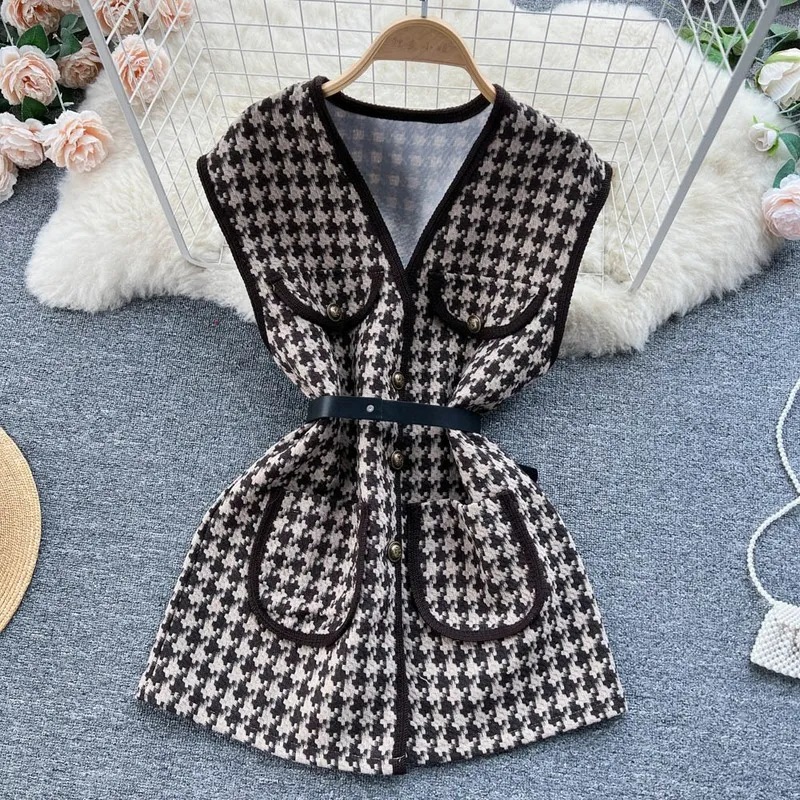 Korean Fashion 2Two Piece Dress Set Turn Down Collar Solid Color Single-breastedTop Suit sleeveless Slim Plaid Belt Dress Outfits 2023