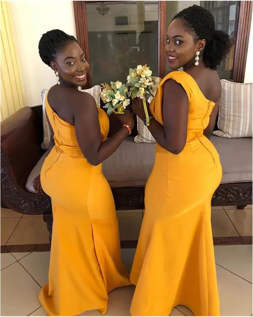 Gold African One Shoulder yellow Satin bridesmaid dresses with Pleats and Satin Fabric - Perfect for Weddings and Parties, Available in Plus Sizes