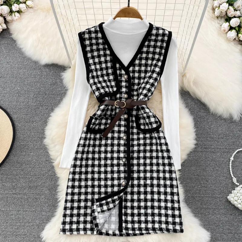 Stand Neck Solid Women's Two Piece Pants Dresses Color Long Sleeve Knit Top Suit V Neck Plaid Single-breasted Belt Vest Dress Outfits Set Women 2023