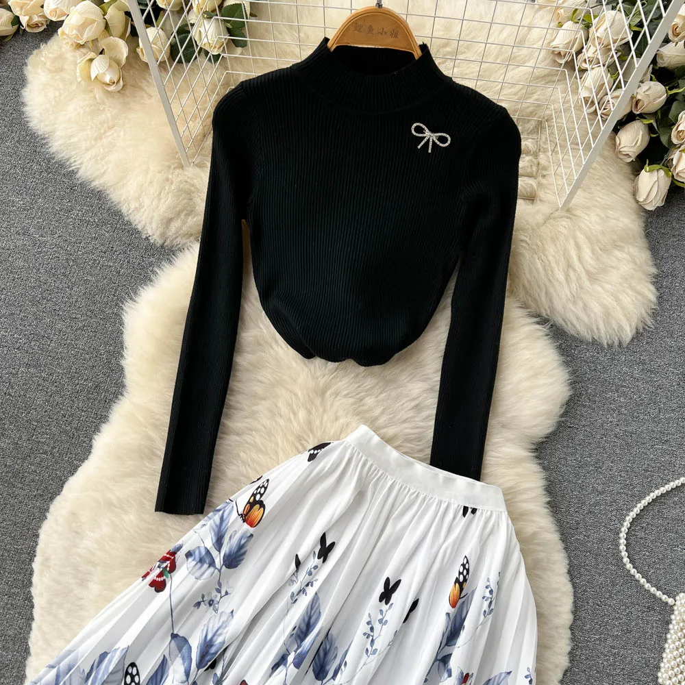 2023 Winter A Line Black Two Piece Pants Dresses Green Long Sleeve Women Wool Knitted suit Thick warm Spring autumn Suit Female pullover sweater set