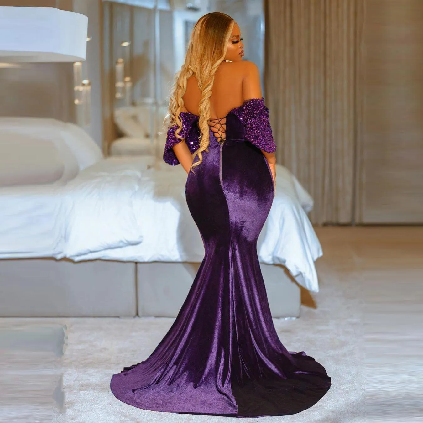 Arabic Velvet Mermaid Purple Sequin Prom Dress Off Shoulder Purple