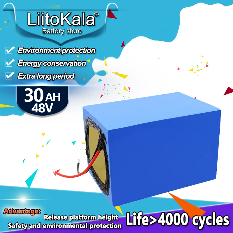 LiitoKala Grade A 48V 30AH LiFePO4 battery pack with 30A BMS,58.4V  rechargeable for 1200w electric bicycle inverter golf electric bicycle scooter battery